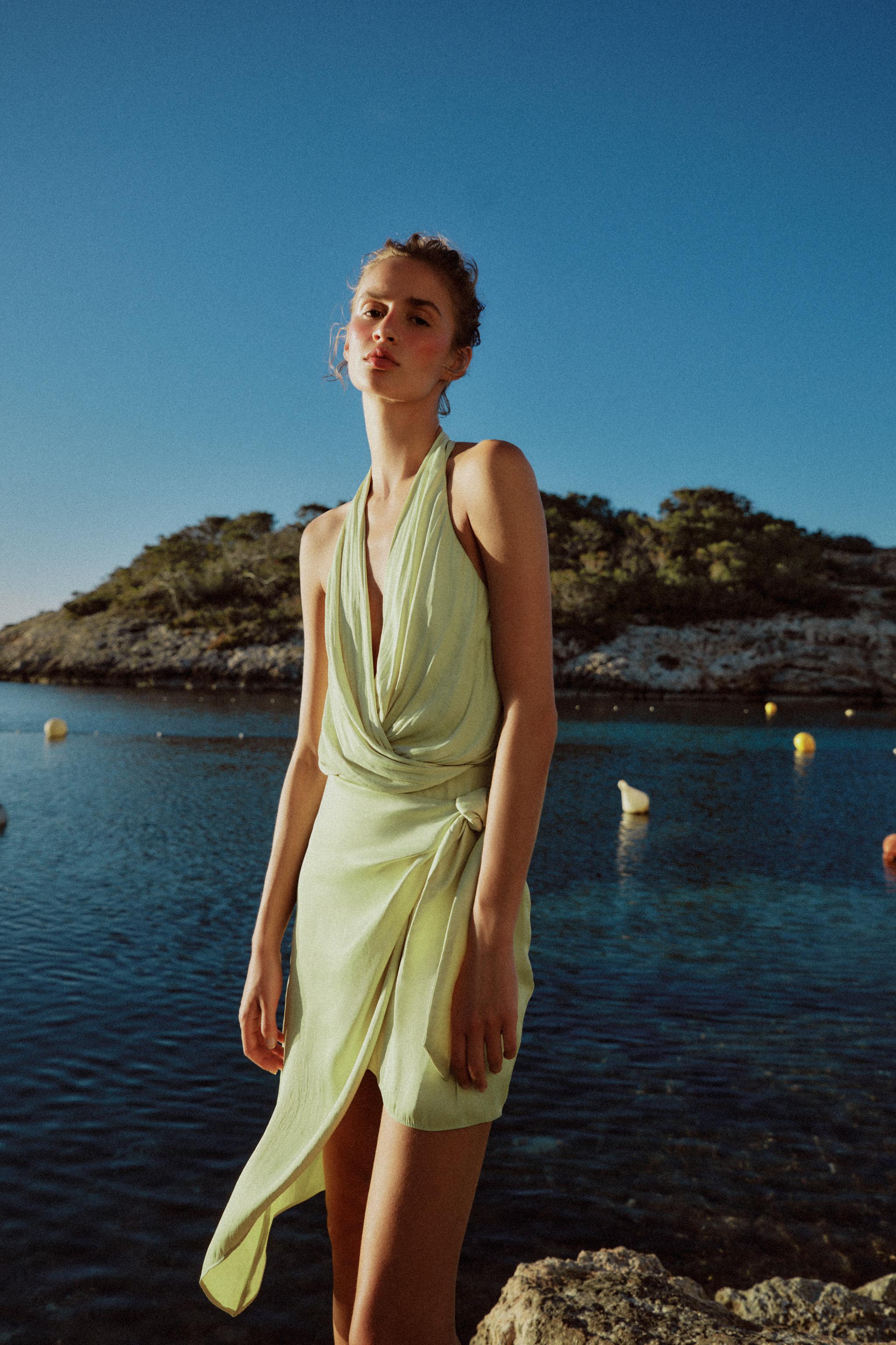 ASYMMETRIC SATIN EFFECT KNOTTED DRESS